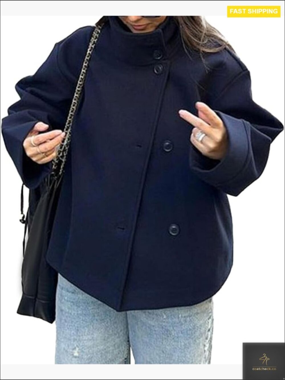 Oversized Cropped Pea Coat Wool Blend Stand Collar Chic Fall Outerwear Jacket